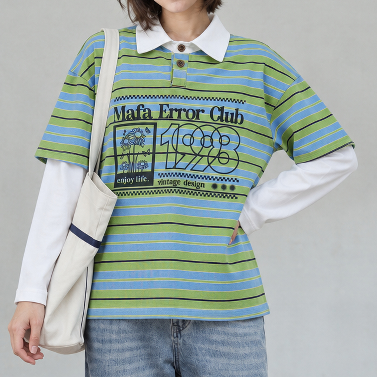 條紋印花假兩件長袖 Polo 上衣 · S01