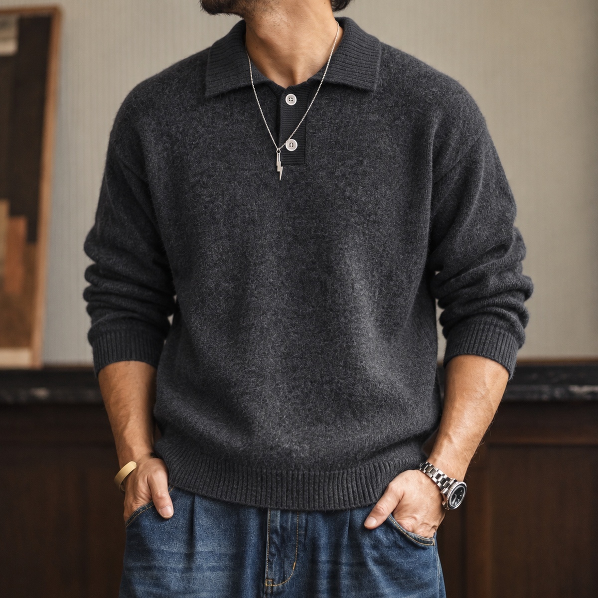 復古混色針織雙扣翻領長袖毛衣男士落肩版型 · S01