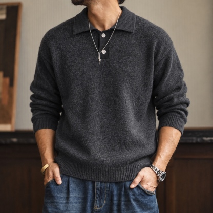 復古混色針織雙扣翻領長袖毛衣男士落肩版型 · S01