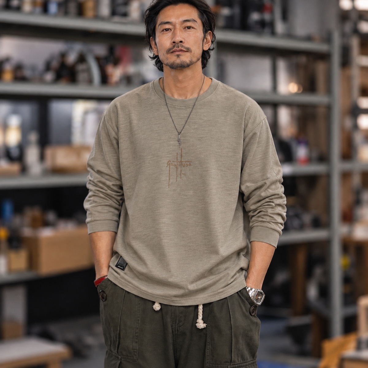復古竹節紋刺繡圓領純棉長袖T恤男士寬鬆落肩休閒上衣 · S01