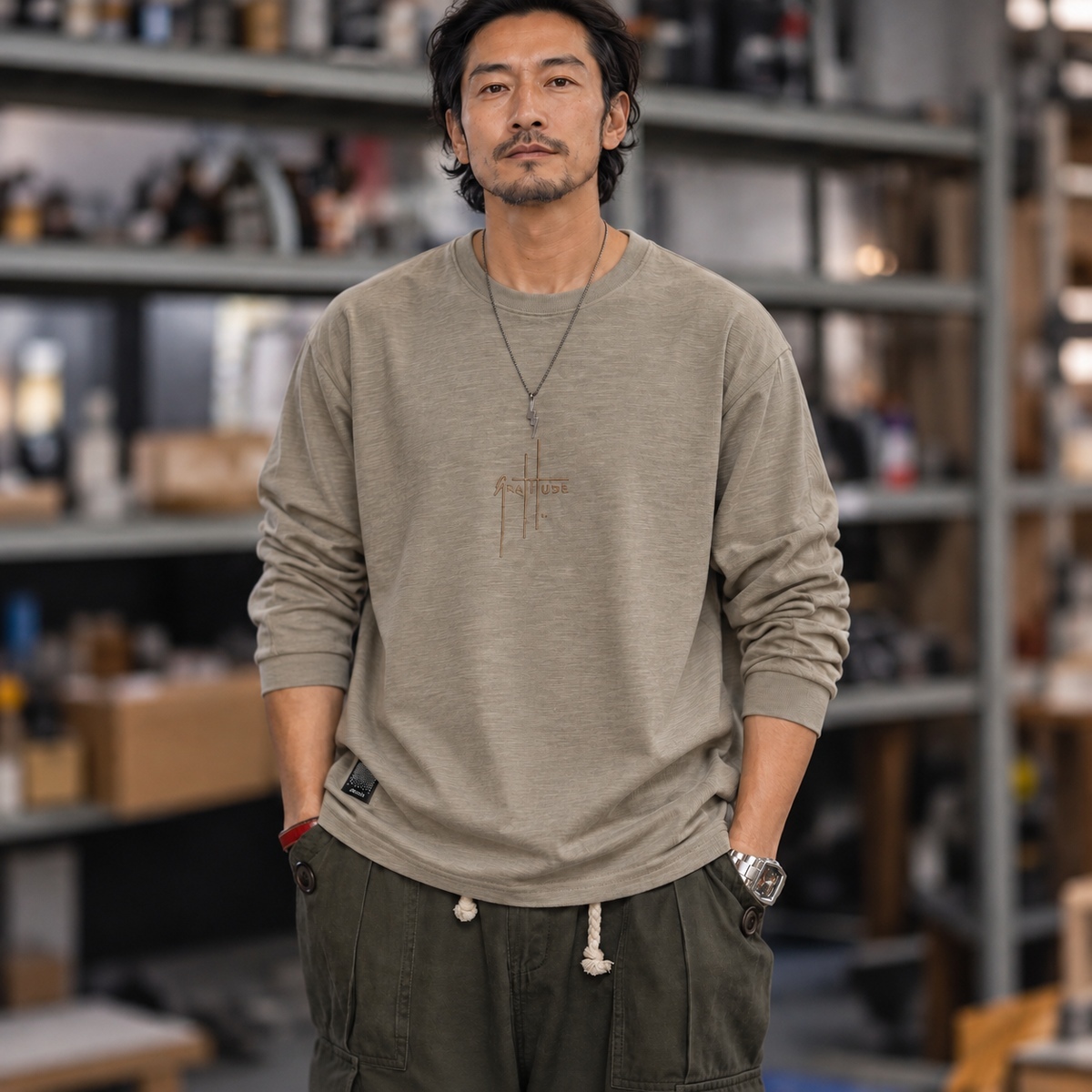 復古竹節紋刺繡圓領純棉長袖T恤男士寬鬆落肩休閒上衣 · S01