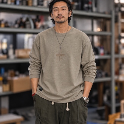復古竹節紋刺繡圓領純棉長袖T恤男士寬鬆落肩休閒上衣 · S01