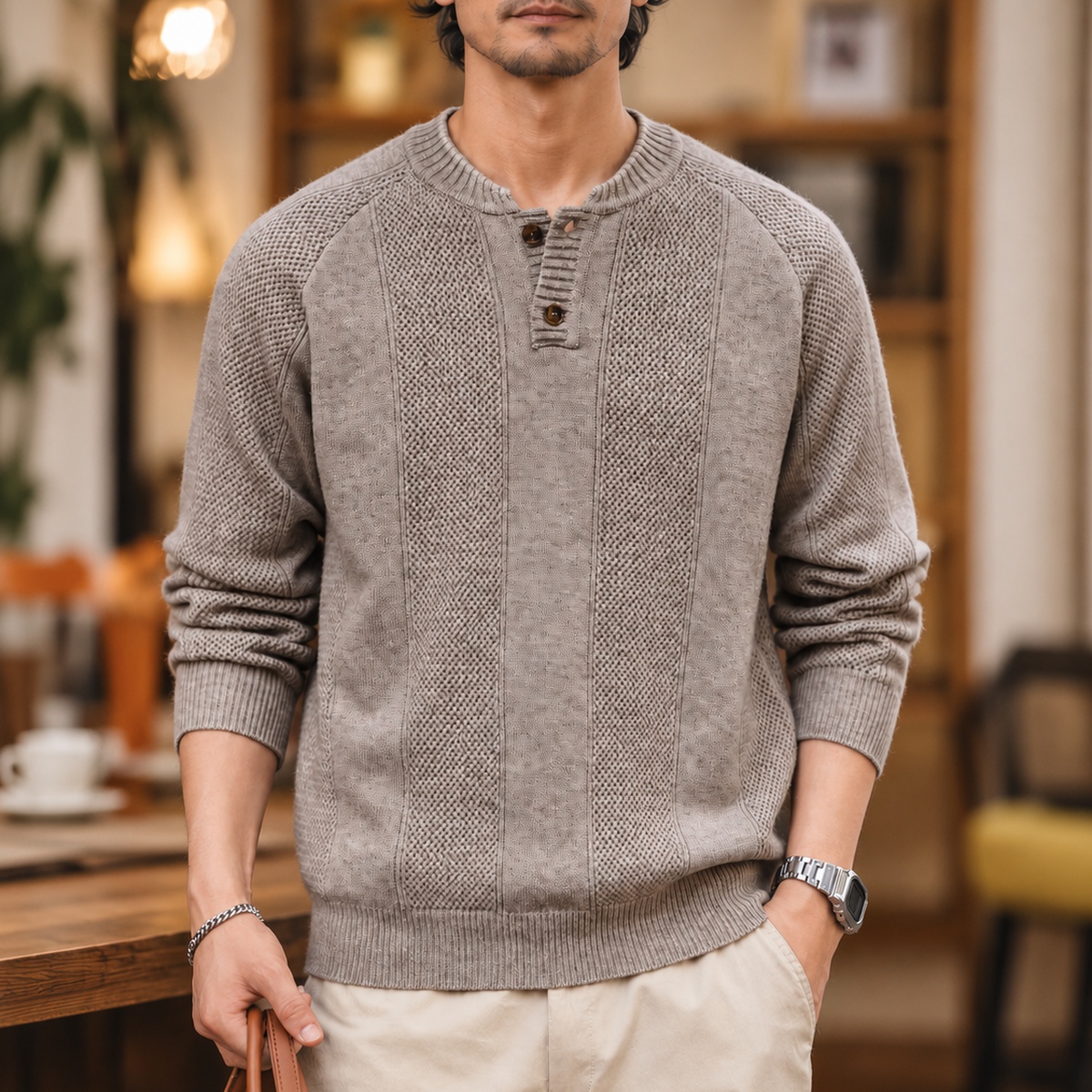 美式復古亨利領針織毛衣男士雙扣縱紋插肩長袖套頭衫 · S01