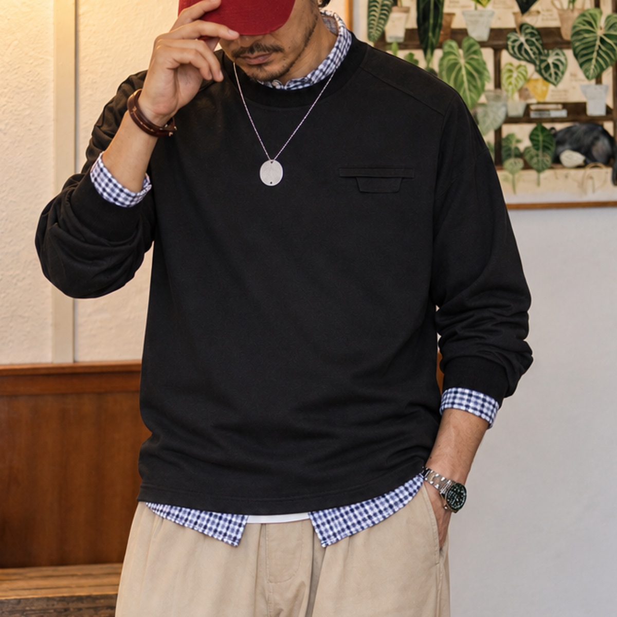 胸前翻蓋細節圓領長袖上衣男士休閒落肩上衣 · S02