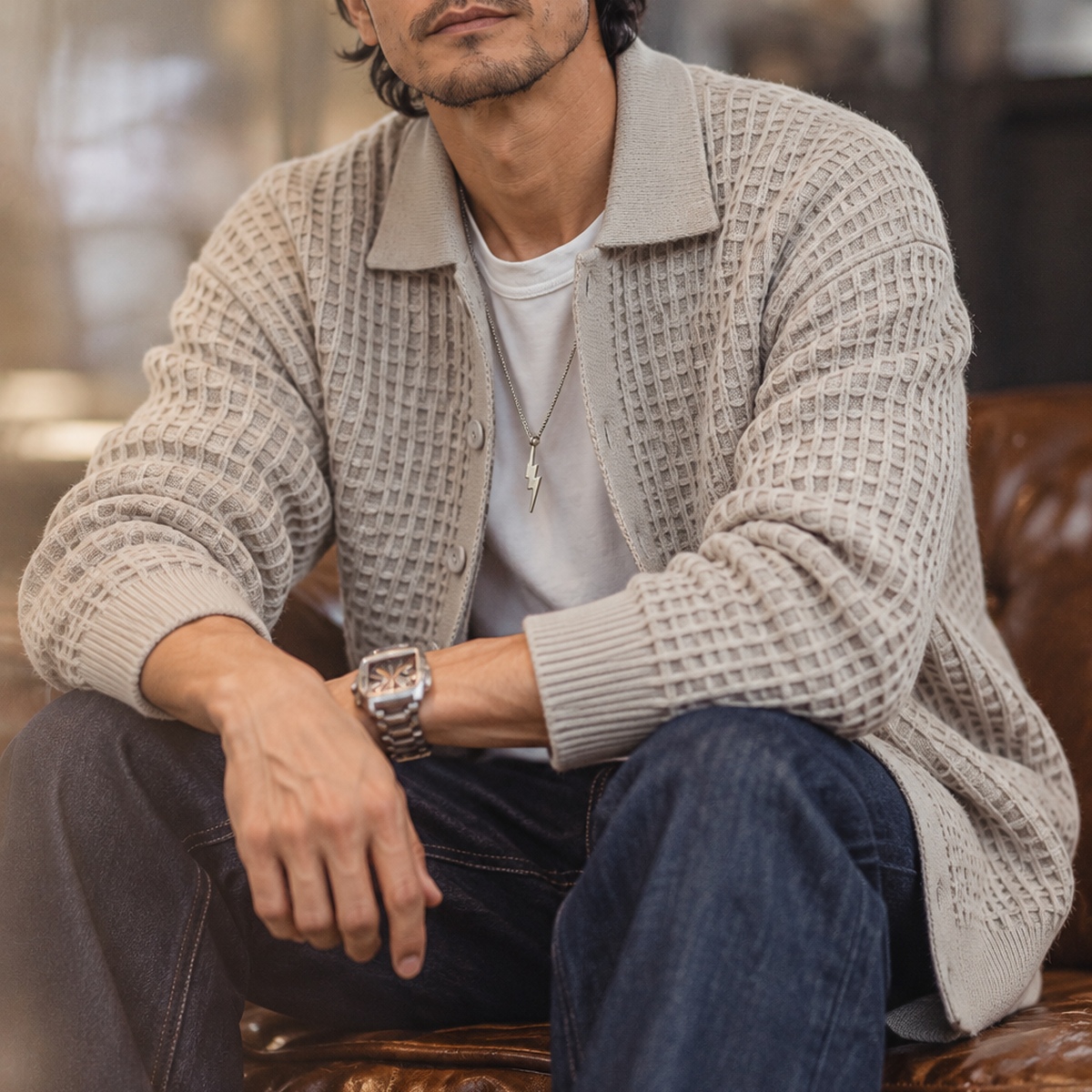 復古華夫格翻領單排扣針織外套 · S02