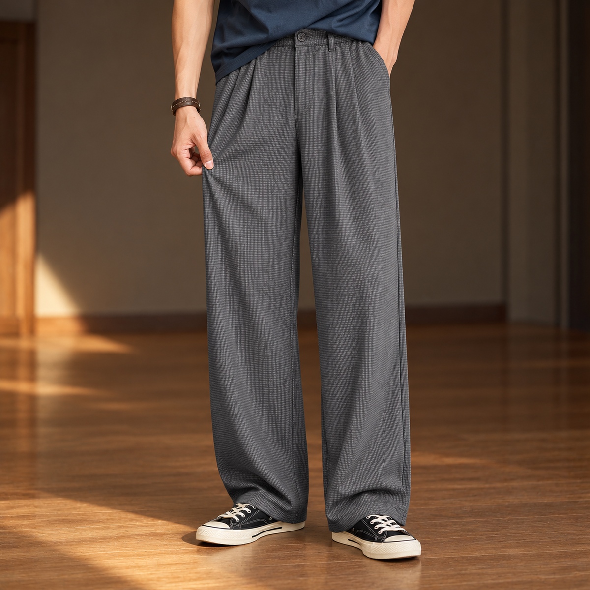 復古細格紋休閒長褲男士寬鬆直筒版型 · S02