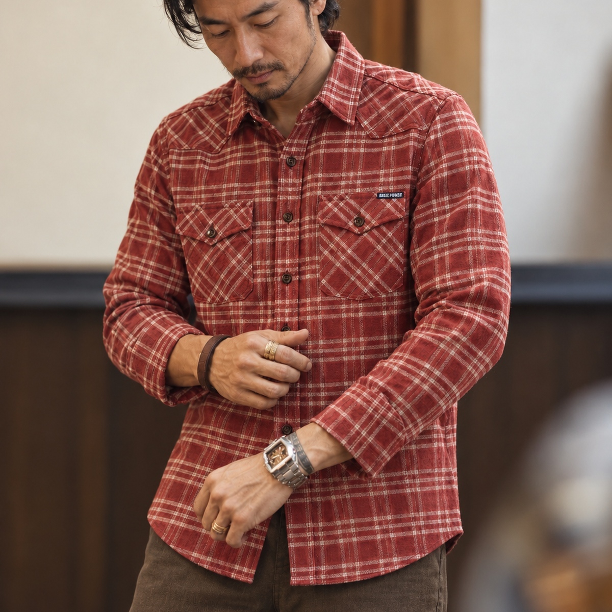復古格紋雙胸袋磨毛法蘭絨長袖襯衫 · S02