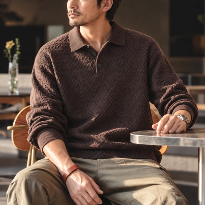 細波紋翻領三扣針織長袖上衣 · S02