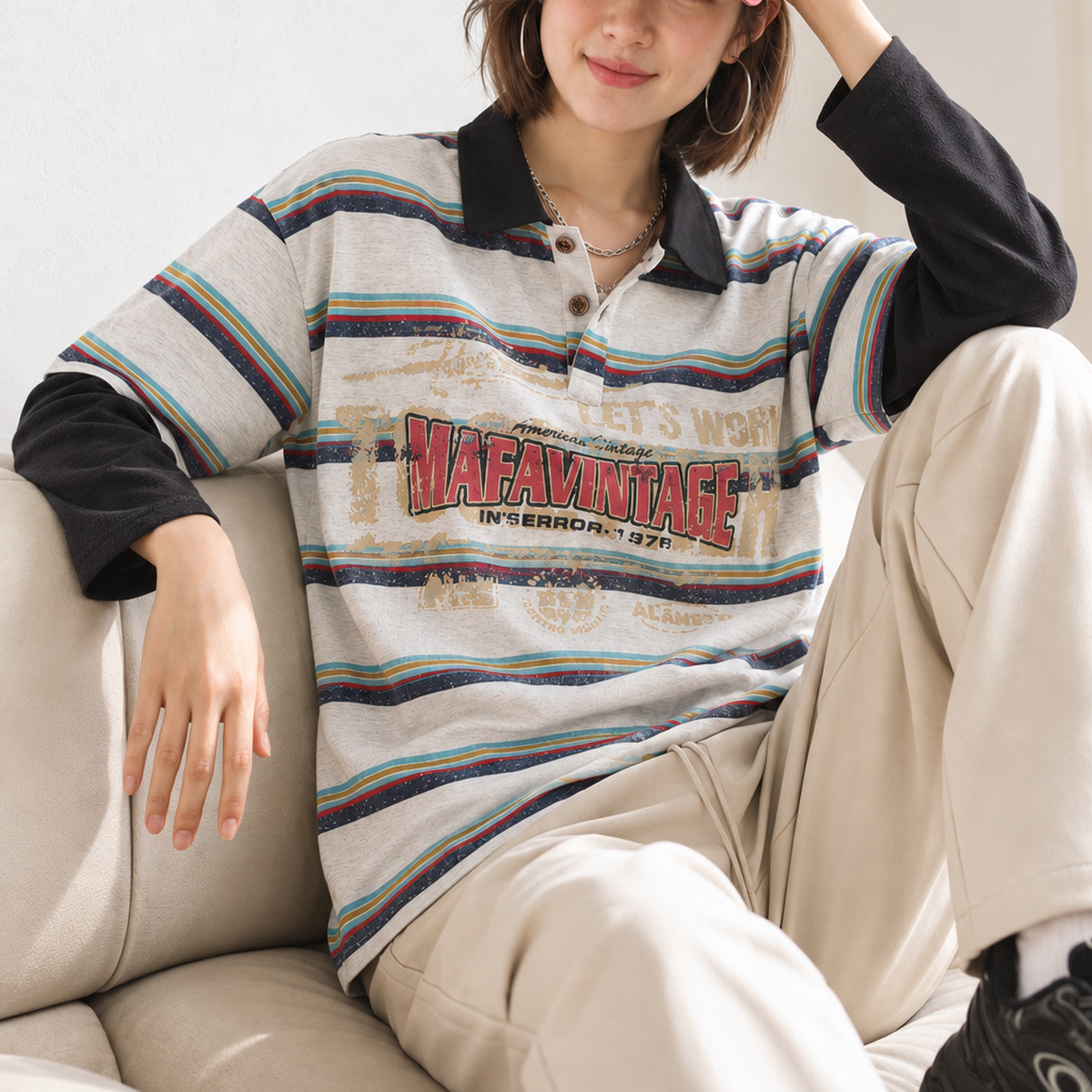 復古條紋印花假兩件翻領長袖上衣 · S02