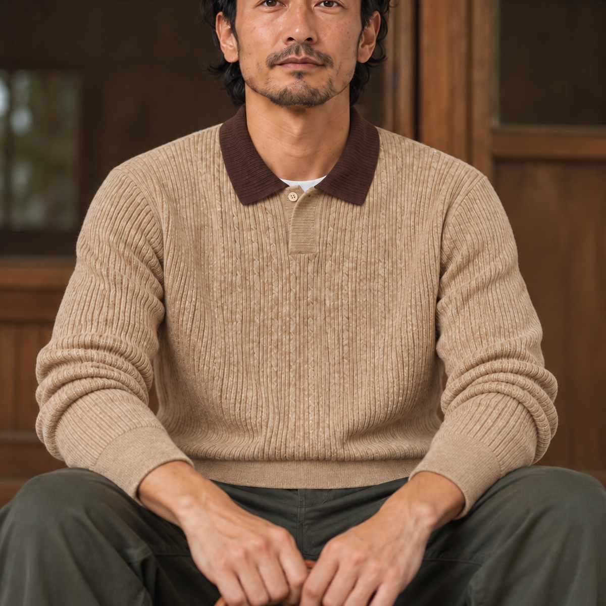 撞色翻領細紋單扣針織長袖上衣 · S02