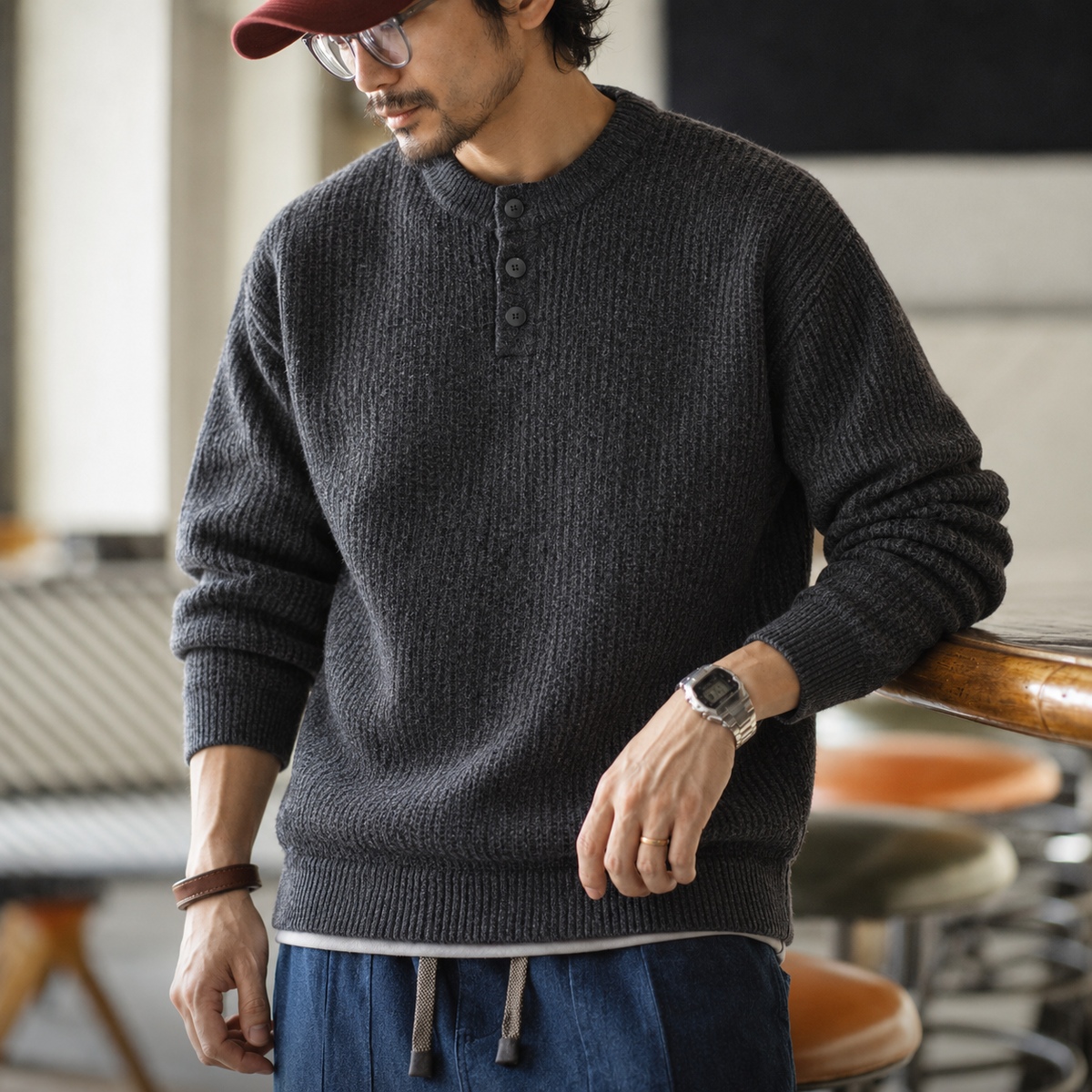 復古三扣亨利領針織上衣男士寬鬆混色坑條長袖毛衣 · S02