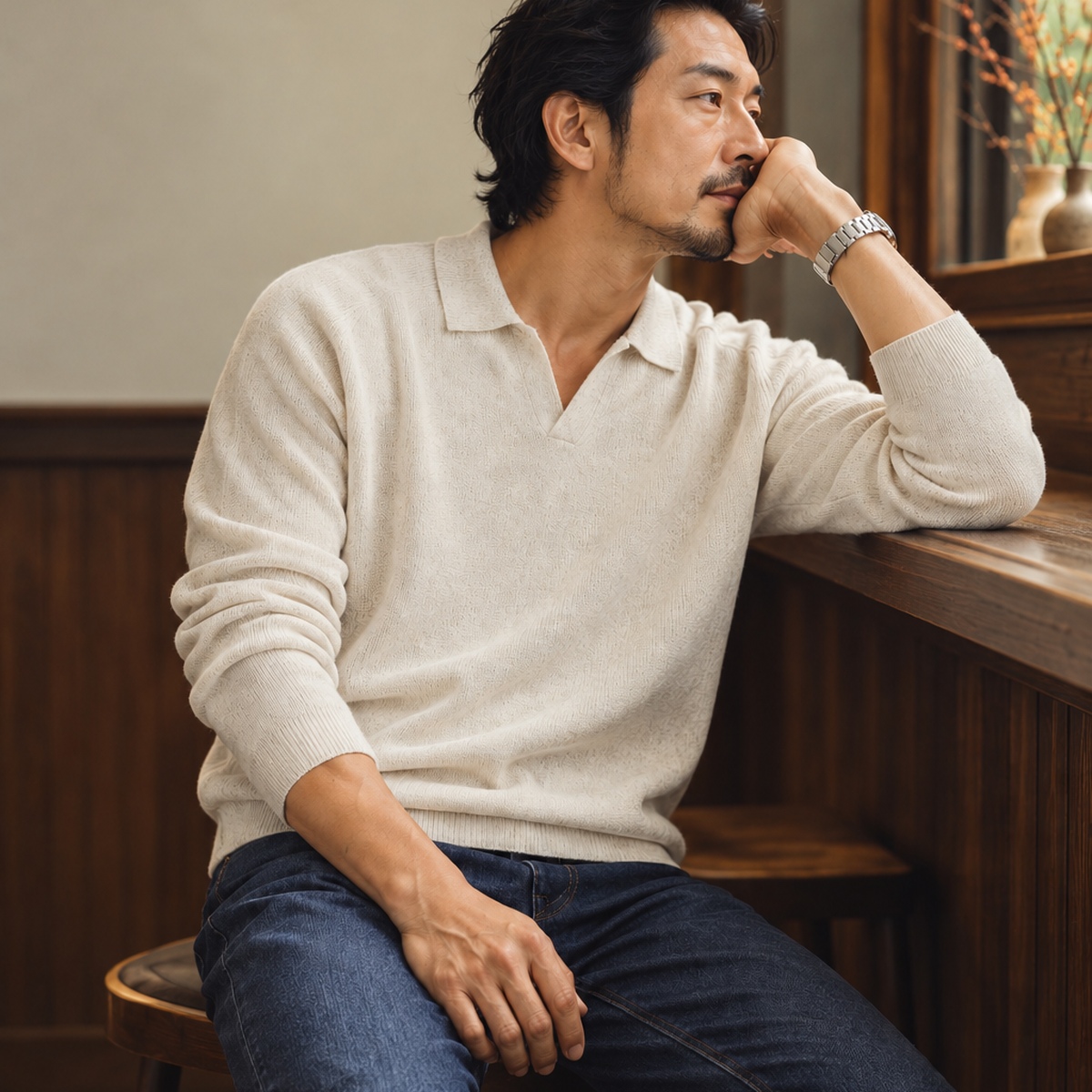 麻感開領素色針織長袖上衣 · S02