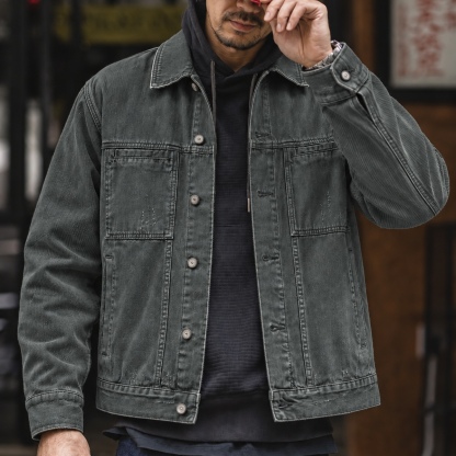 復古水洗翻領工裝夾克男士寬鬆純棉斜紋雙胸袋長袖外套 · S02