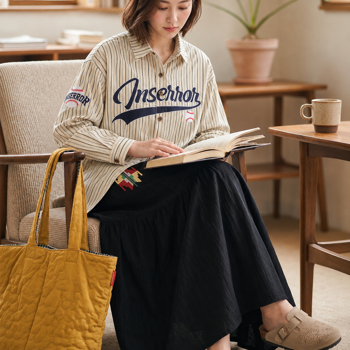 棒球刺繡豎條紋寬鬆長袖襯衫 · S02