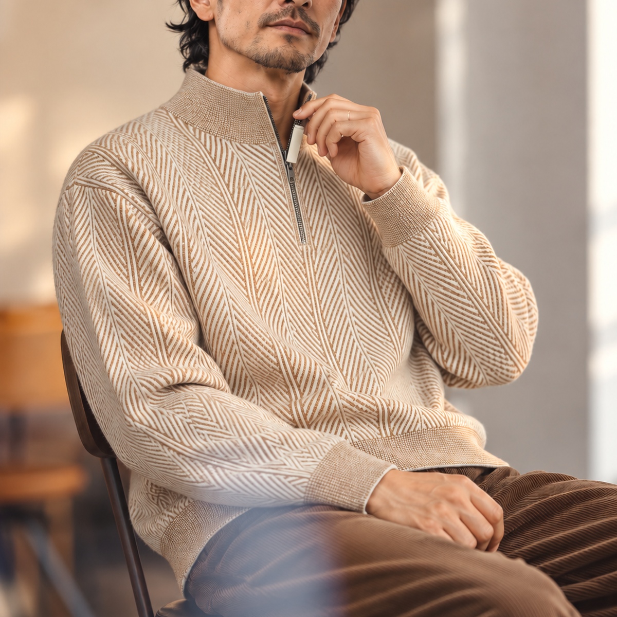 人字紋半拉鍊立領針織長袖上衣 · S02