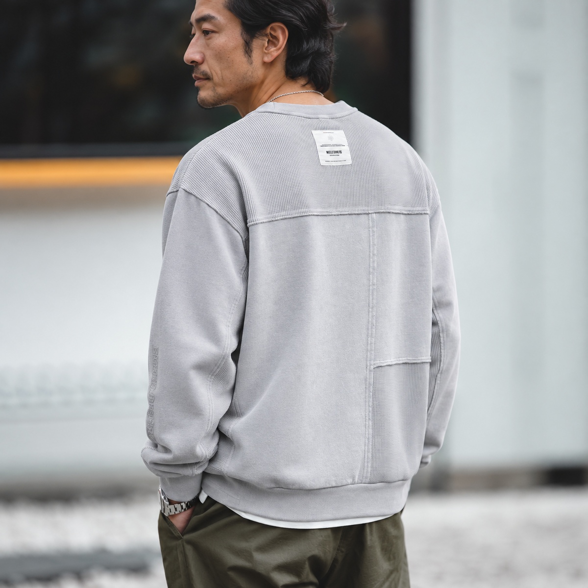 水洗異材質拼接圓領衛衣｜男士休閒長袖 · S03