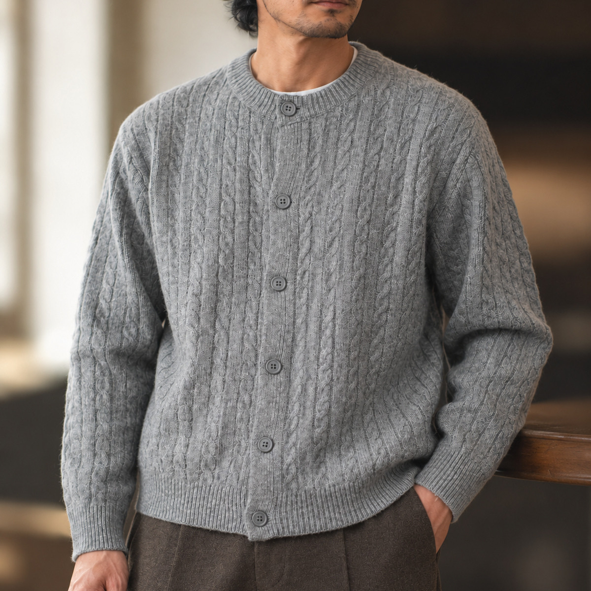 復古圓領麻花針織開衫｜單排六扣長袖毛衣 · S03