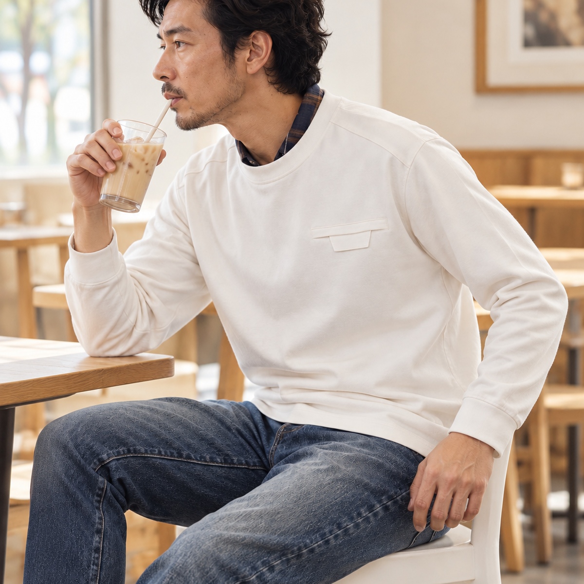 胸前翻蓋細節圓領長袖上衣男士休閒落肩上衣 · S03