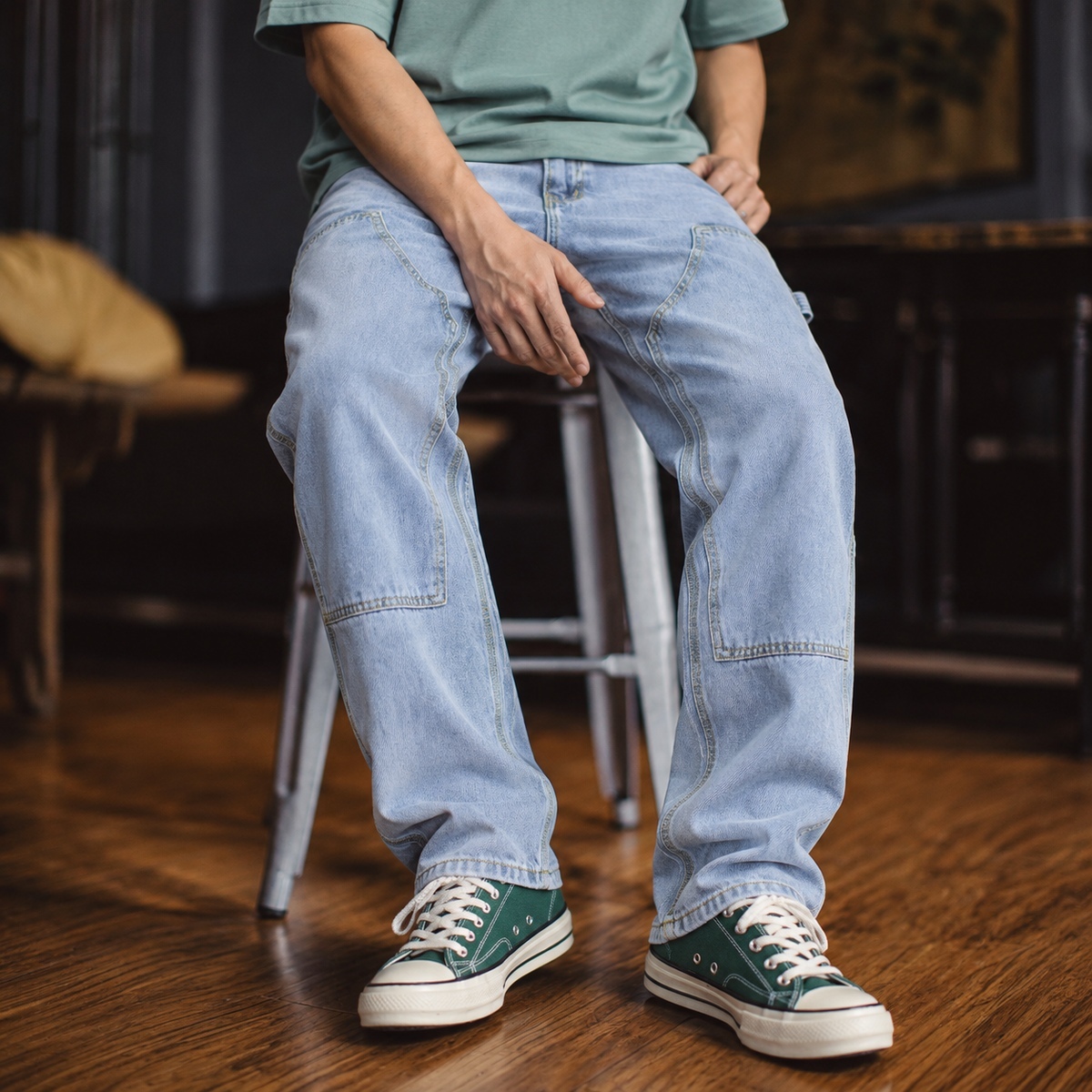 美式復古雙膝拼片牛仔褲男士水洗丹寧多口袋寬鬆微錐伐木長褲 · S03