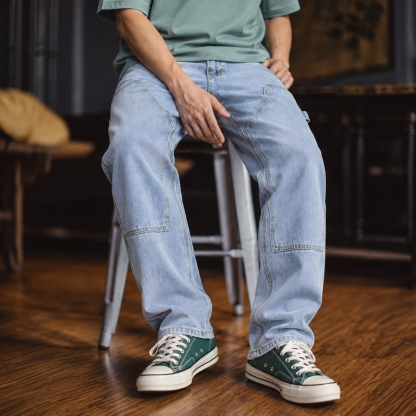 美式復古雙膝拼片牛仔褲男士水洗丹寧多口袋寬鬆微錐伐木長褲 · S03
