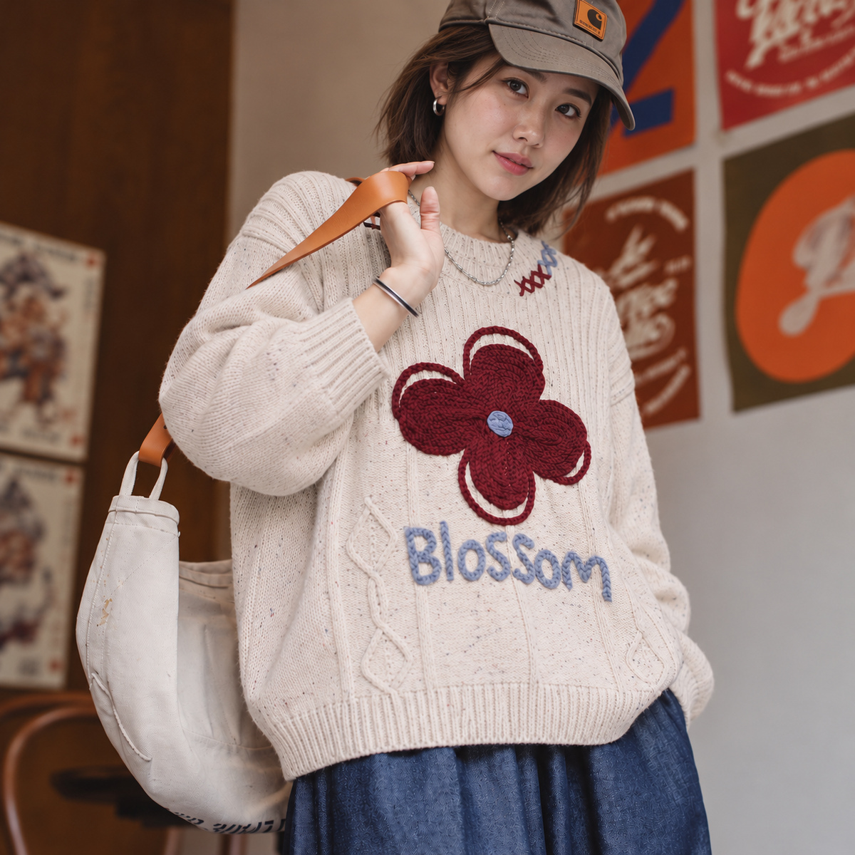 立體花朵彩點寬鬆圓領毛衣 · S04