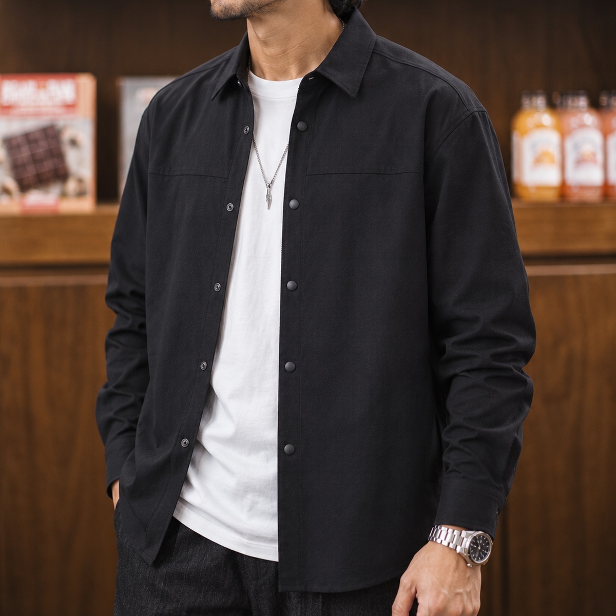 簡約翻領按扣拼接寬鬆長袖襯衫 · S04