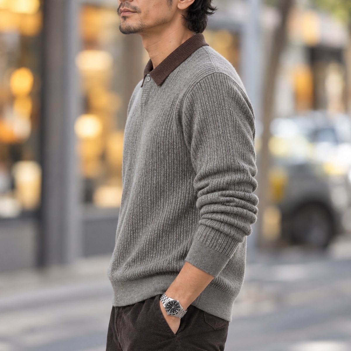 撞色翻領細紋單扣針織長袖上衣 · S04