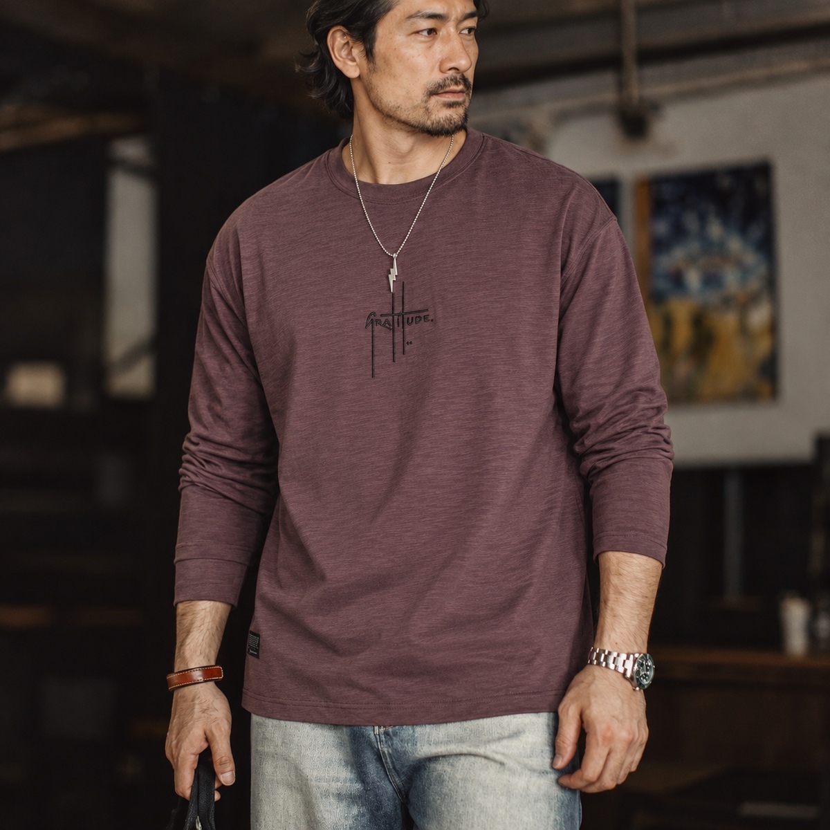 復古竹節紋刺繡圓領純棉長袖T恤男士寬鬆落肩休閒上衣 · S04