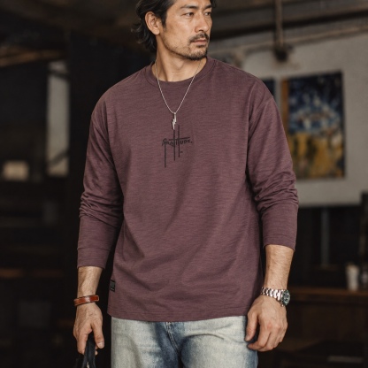 復古竹節紋刺繡圓領純棉長袖T恤男士寬鬆落肩休閒上衣 · S04