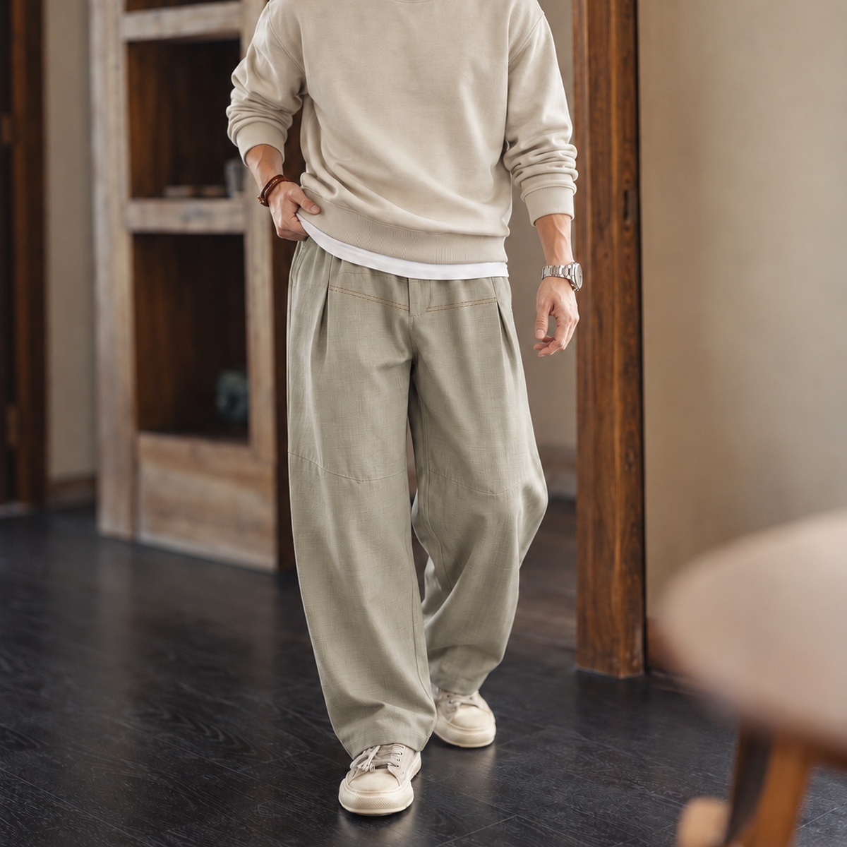 復古麻感休閒長褲男士寬鬆立體彎刀版型 · S04