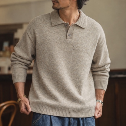 復古混色針織雙扣翻領長袖毛衣男士落肩版型 · S04