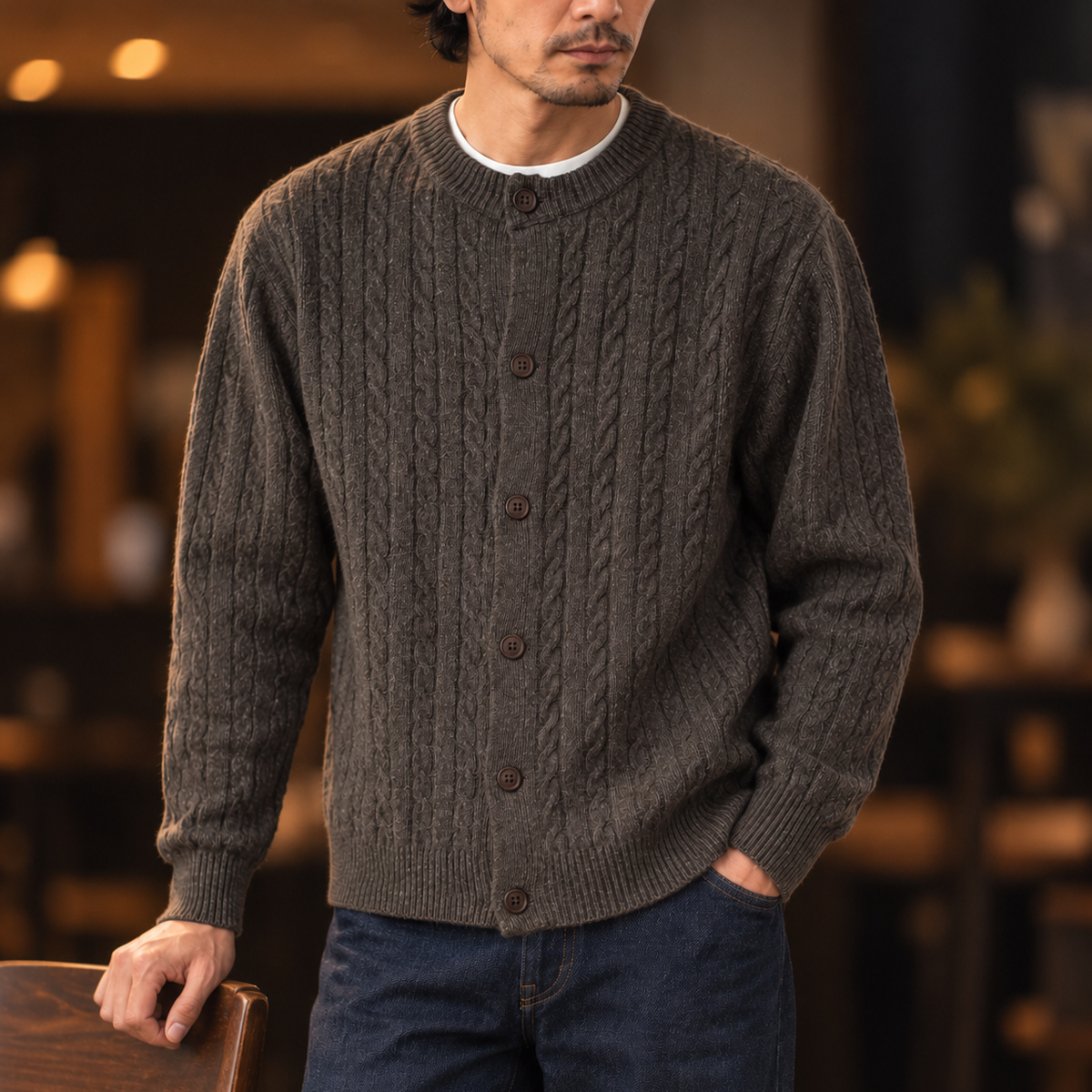 復古圓領麻花針織開衫｜單排六扣長袖毛衣 · S05