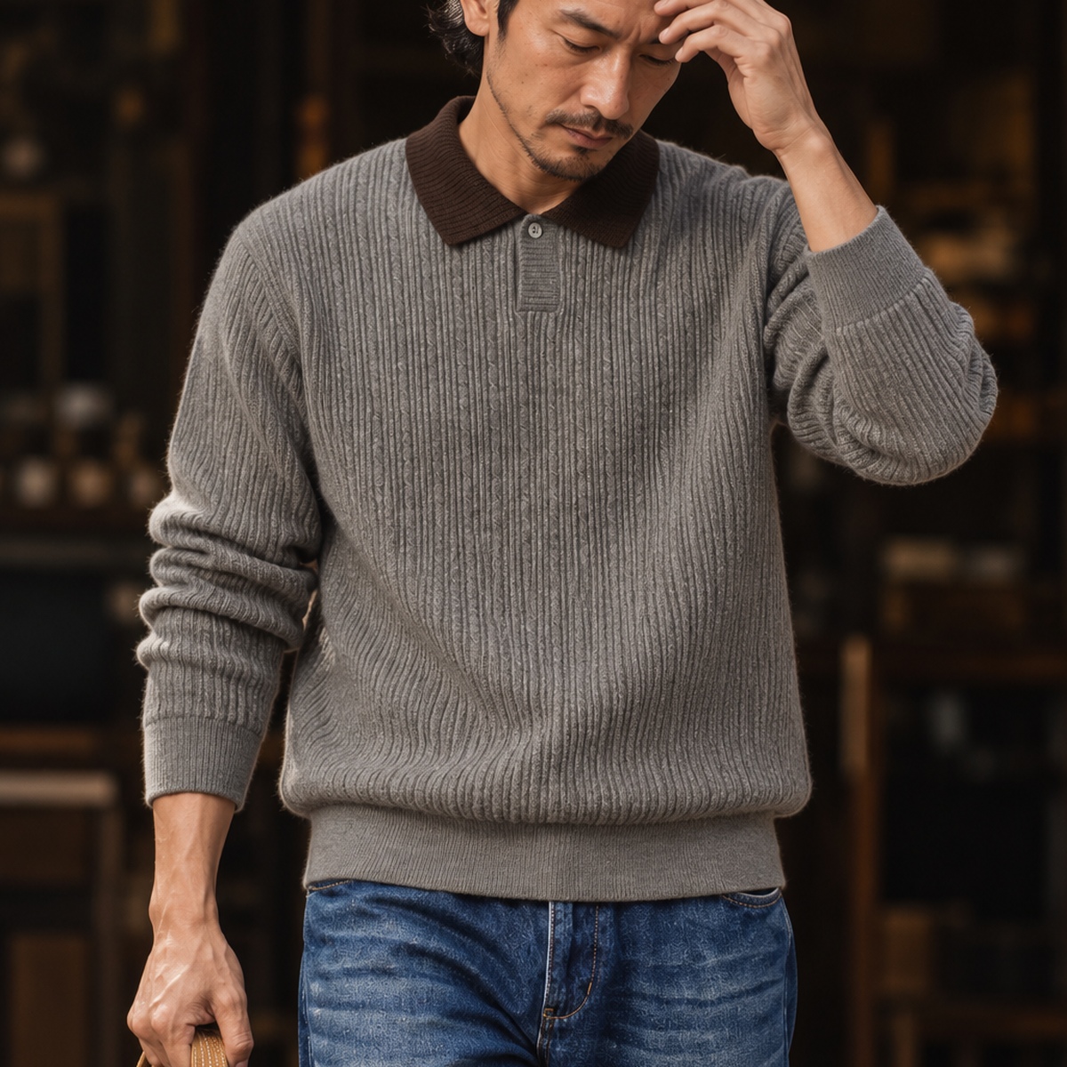 撞色翻領細紋單扣針織長袖上衣 · S05