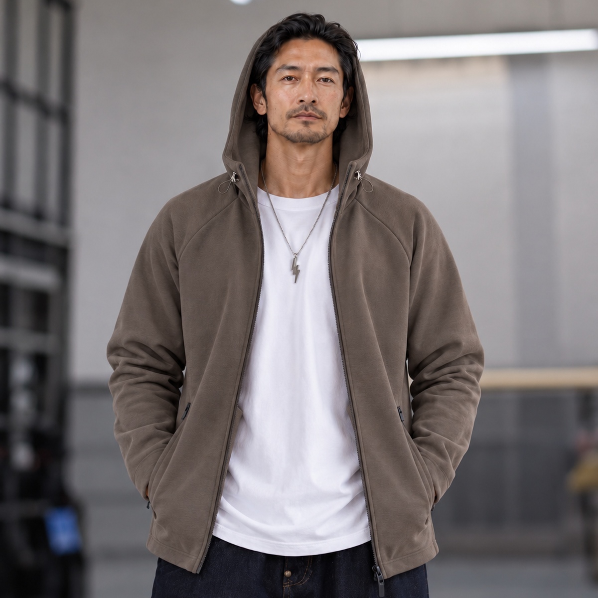 插肩拉鏈口袋連帽寬鬆休閒外套 · S05