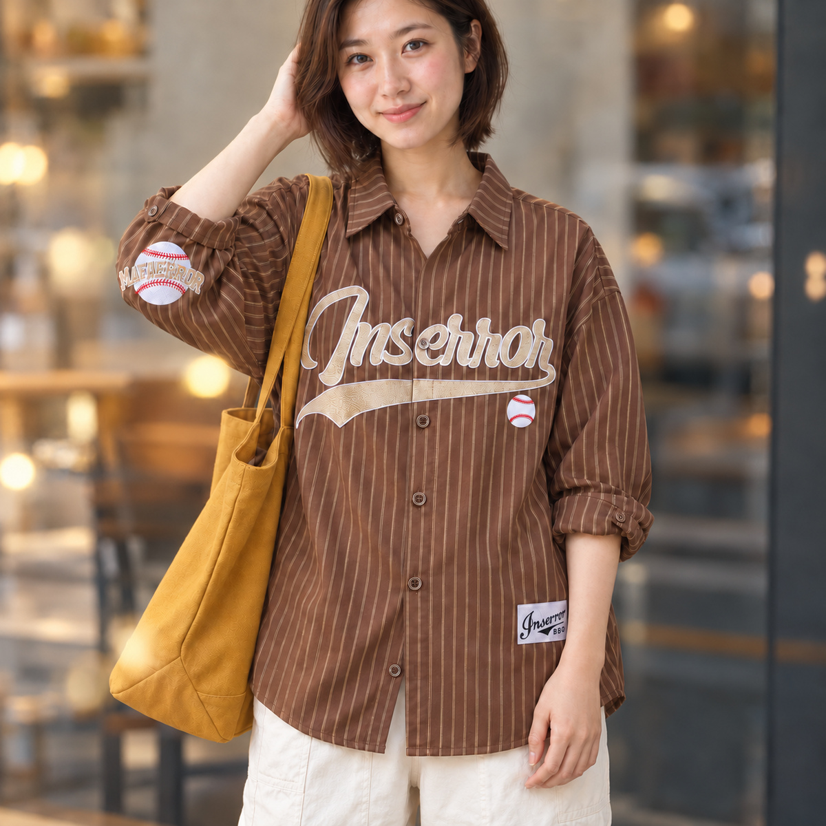 棒球刺繡豎條紋寬鬆長袖襯衫 · S05