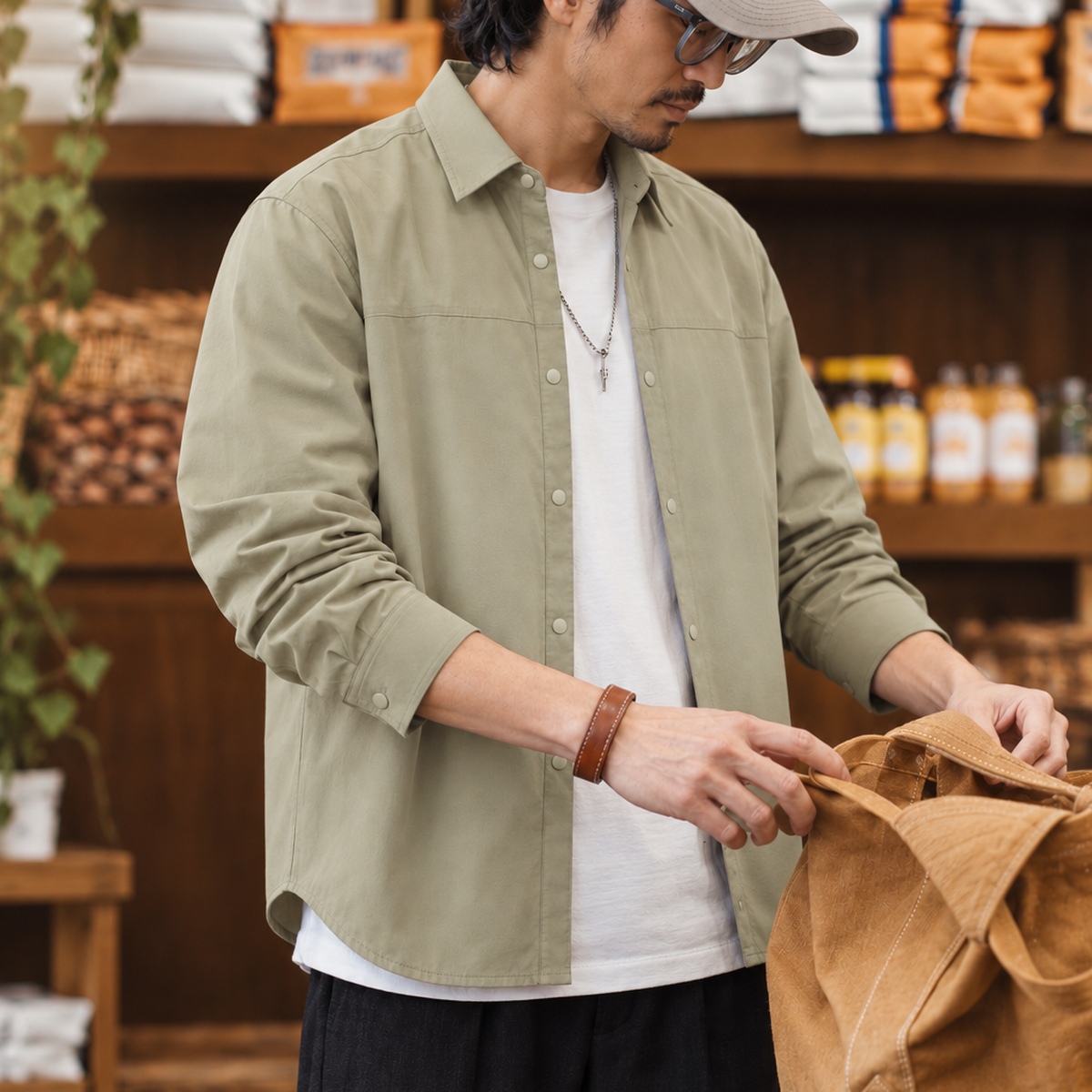 簡約翻領按扣拼接寬鬆長袖襯衫 · S06