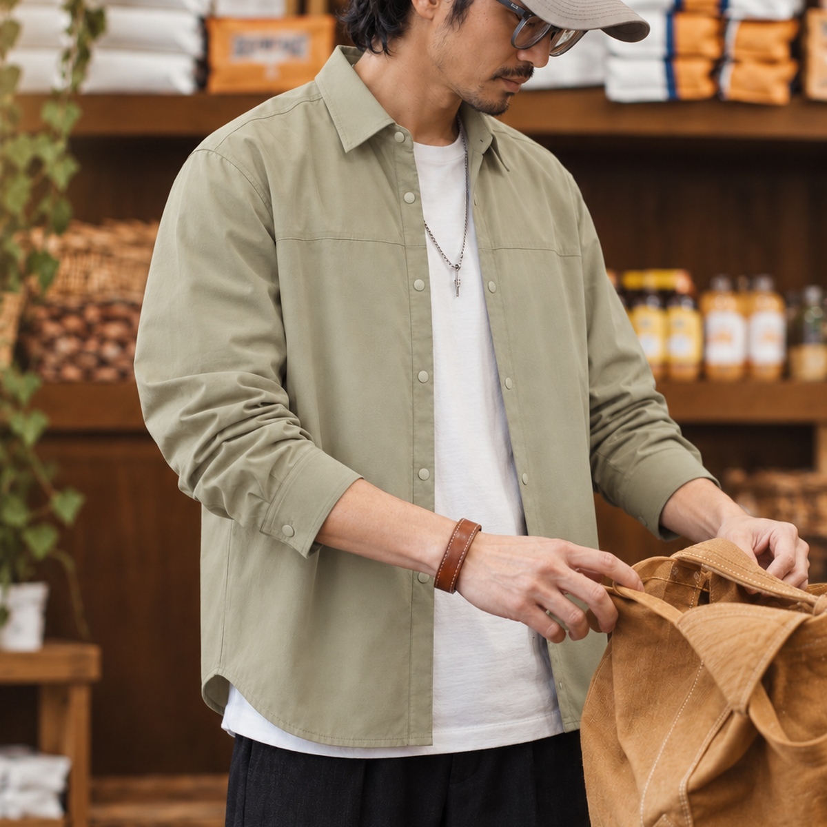 簡約翻領按扣拼接寬鬆長袖襯衫 · S06