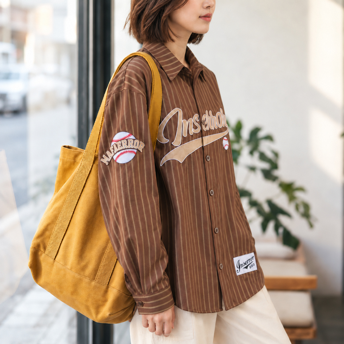 棒球刺繡豎條紋寬鬆長袖襯衫 · S06