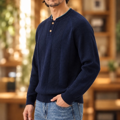 美式復古亨利領針織毛衣男士雙扣縱紋插肩長袖套頭衫 · S06