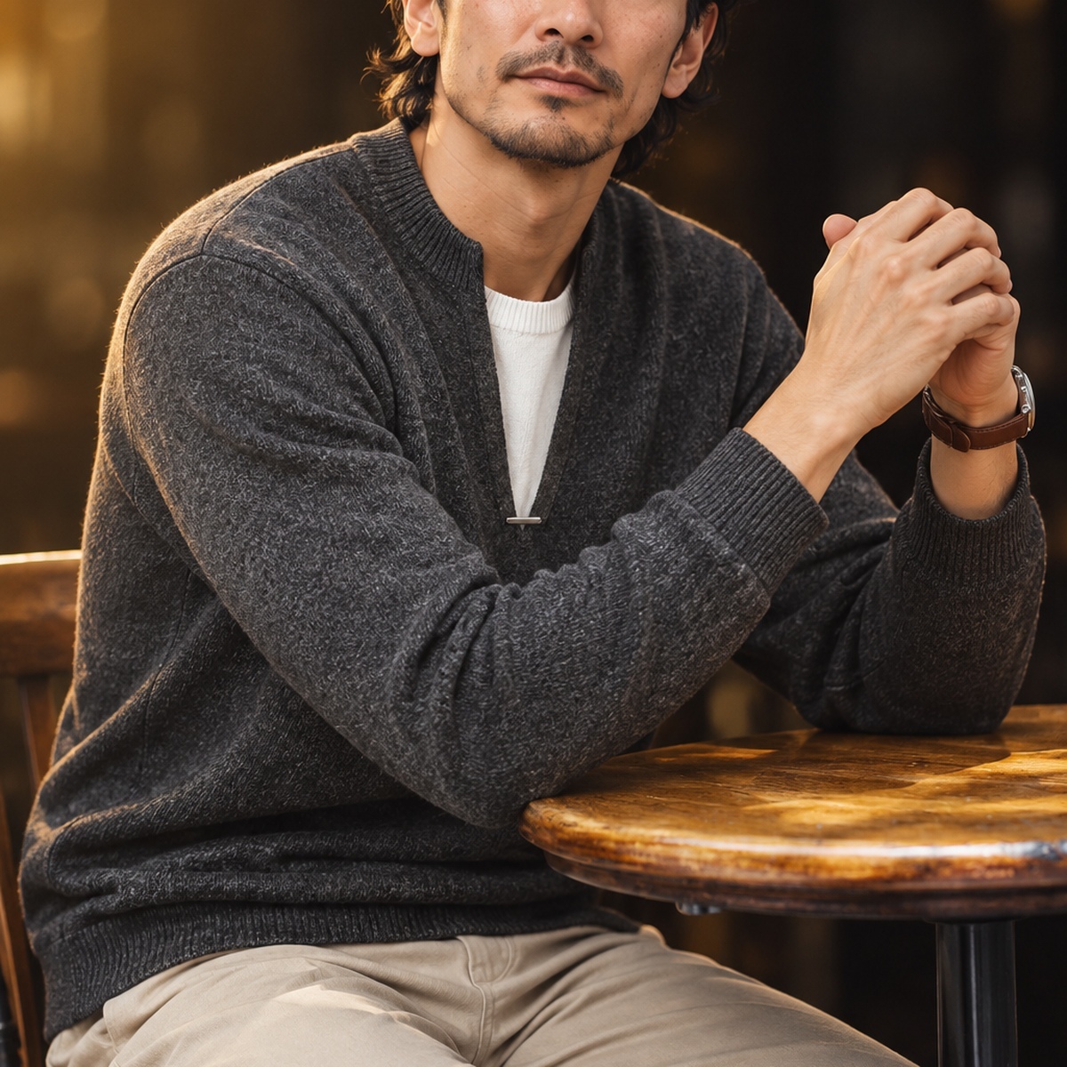 小立領假兩件細針織寬鬆長袖上衣 · S06