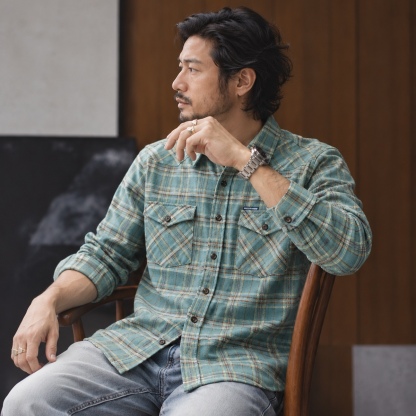 復古格紋雙胸袋磨毛法蘭絨長袖襯衫 · S06