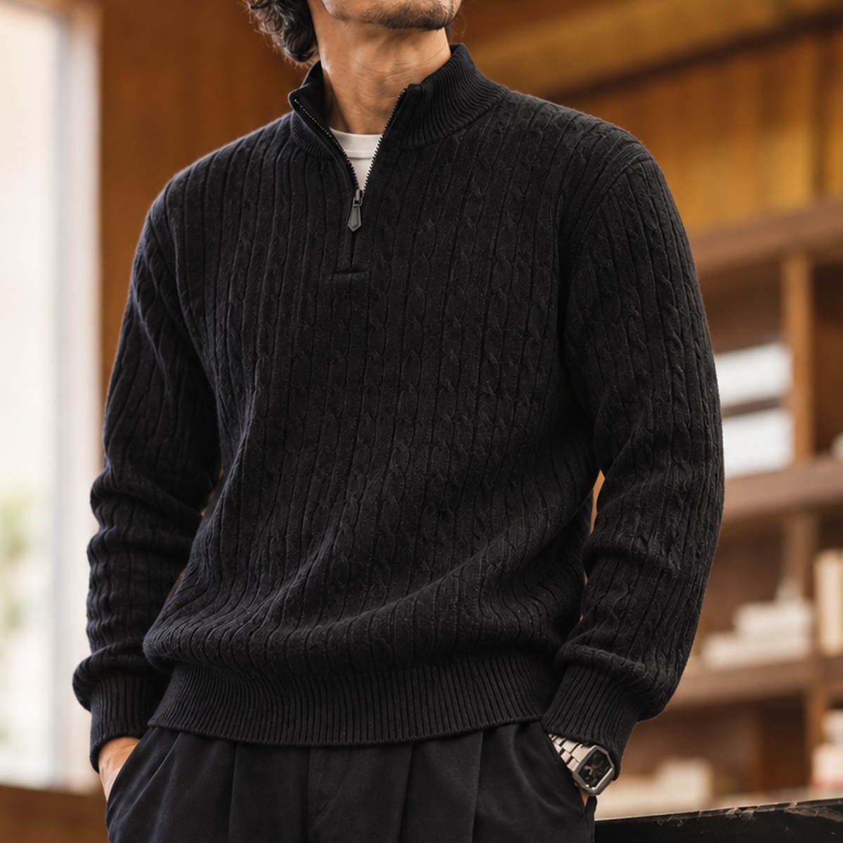 復古細麻花半拉鍊立領針織毛衣男士寬鬆長袖休閒上衣 · S07