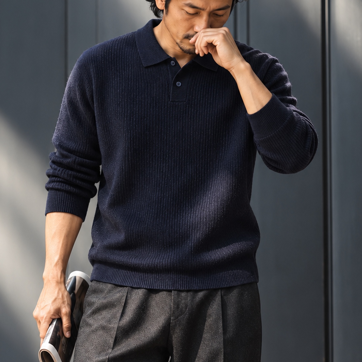 細紋雙扣翻領針織長袖上衣 · S07
