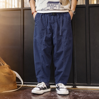 日系工裝附腰帶九分休閒褲男士皺感暗格紋寬鬆微錐多口袋長褲 · S07