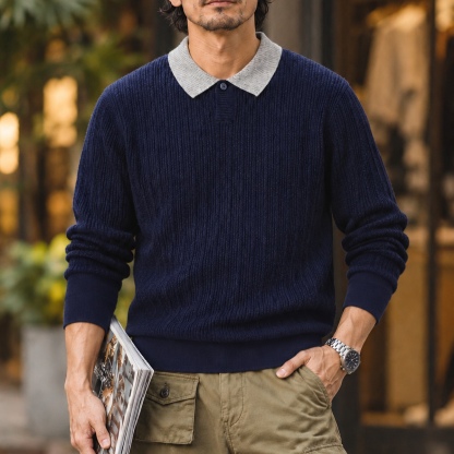 撞色翻領細紋單扣針織長袖上衣 · S07
