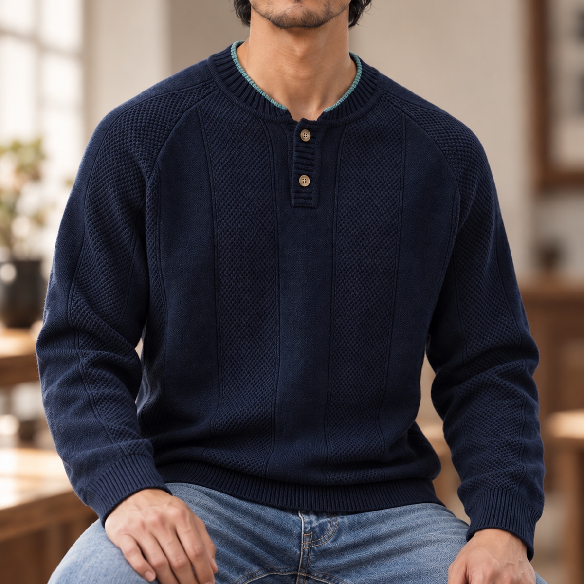 美式復古亨利領針織毛衣男士雙扣縱紋插肩長袖套頭衫 · S07
