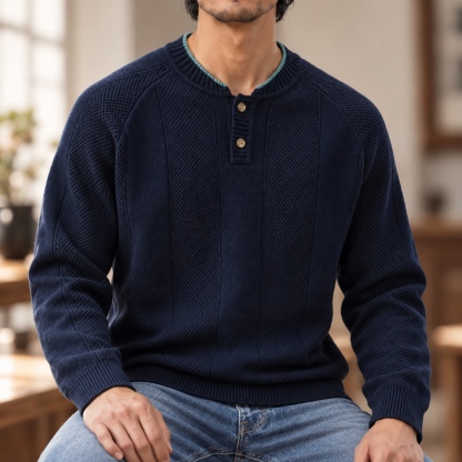美式復古亨利領針織毛衣男士雙扣縱紋插肩長袖套頭衫 · S07