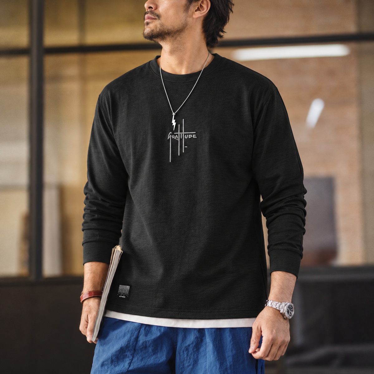 復古竹節紋刺繡圓領純棉長袖T恤男士寬鬆落肩休閒上衣 · S07