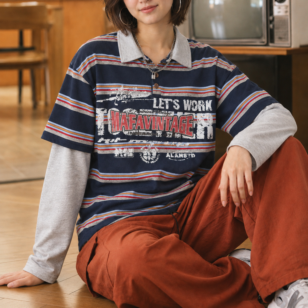 復古條紋印花假兩件翻領長袖上衣 · S07