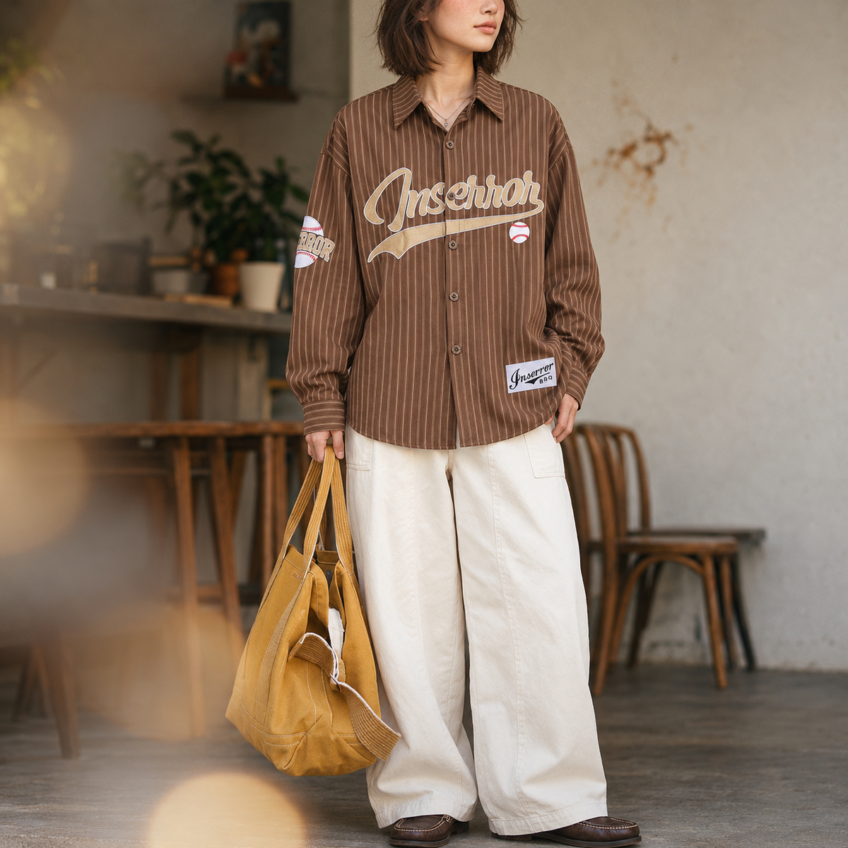 棒球刺繡豎條紋寬鬆長袖襯衫 · S08